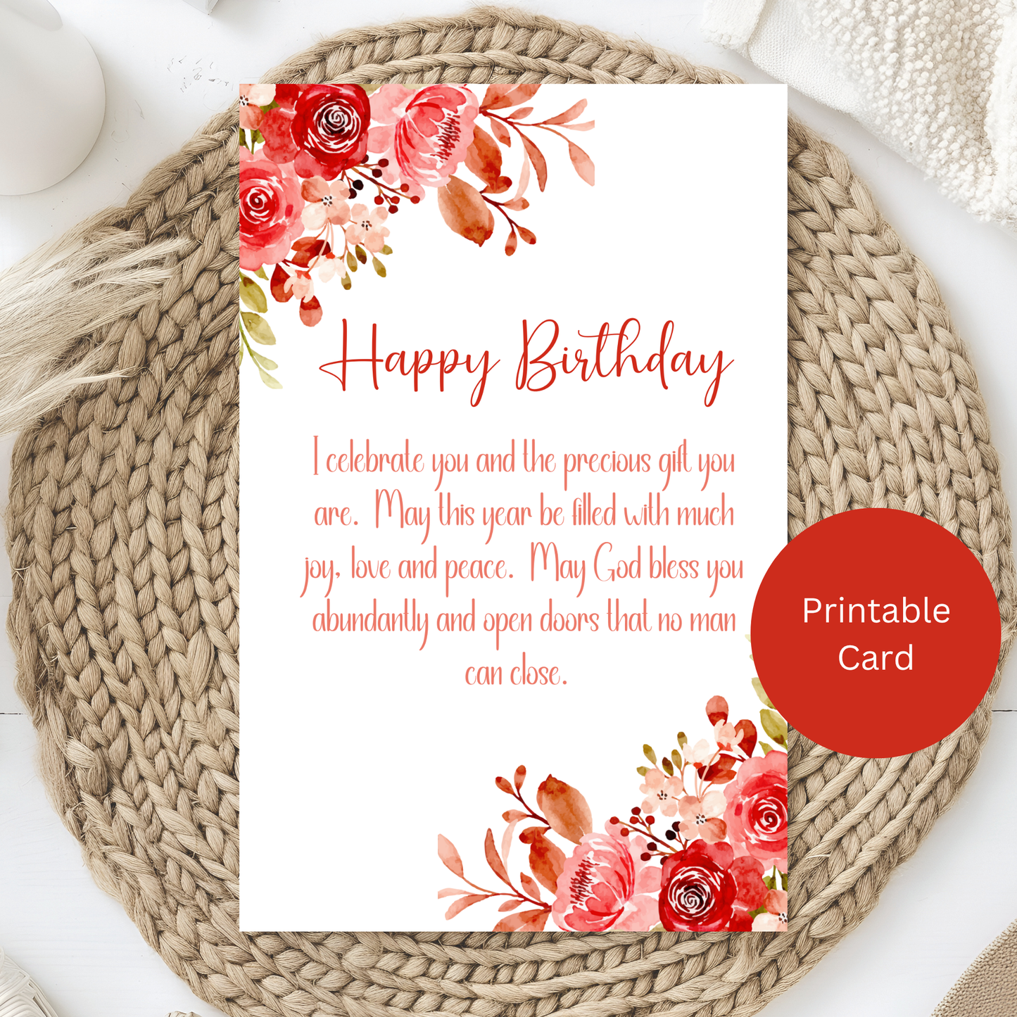 Printable Christian Birthday Card |Watercolor Red Floral Scripture Blessing | Digital Download