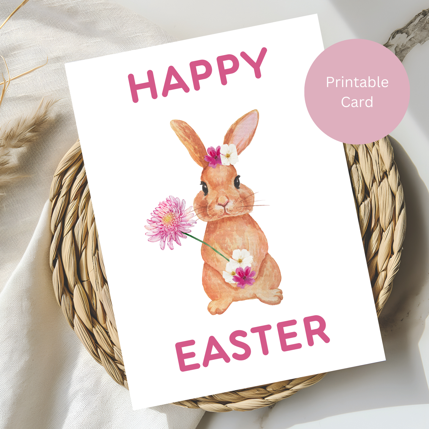 Cute Bunny Easter Card Printable in Pink – Spring Floral Art – Digital Greeting for Easter Gifts or Table Décor