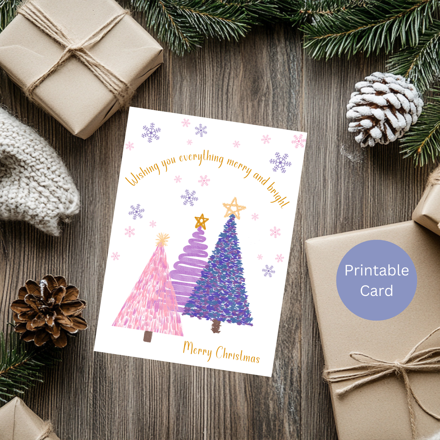 Merry & Bright Christmas Card - Whimsical Pink & Purple Holiday Trees