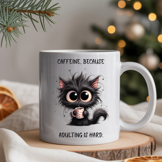 Adorable Fluffy Cat Mug | “Caffeine, Because Adulting Is Hard” Funny Coffee Cup