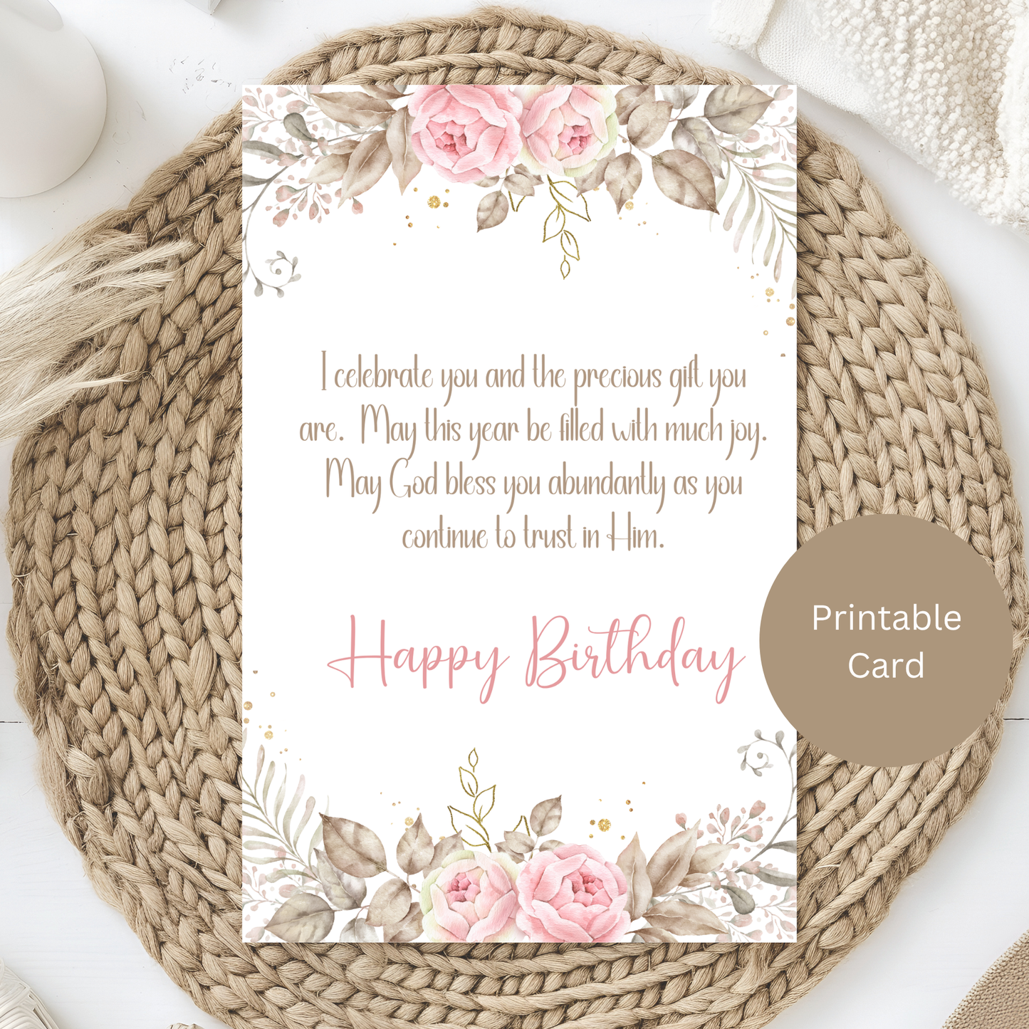 Floral Christian Birthday Card| Elegant Watercolor Florals | Printable & Digital