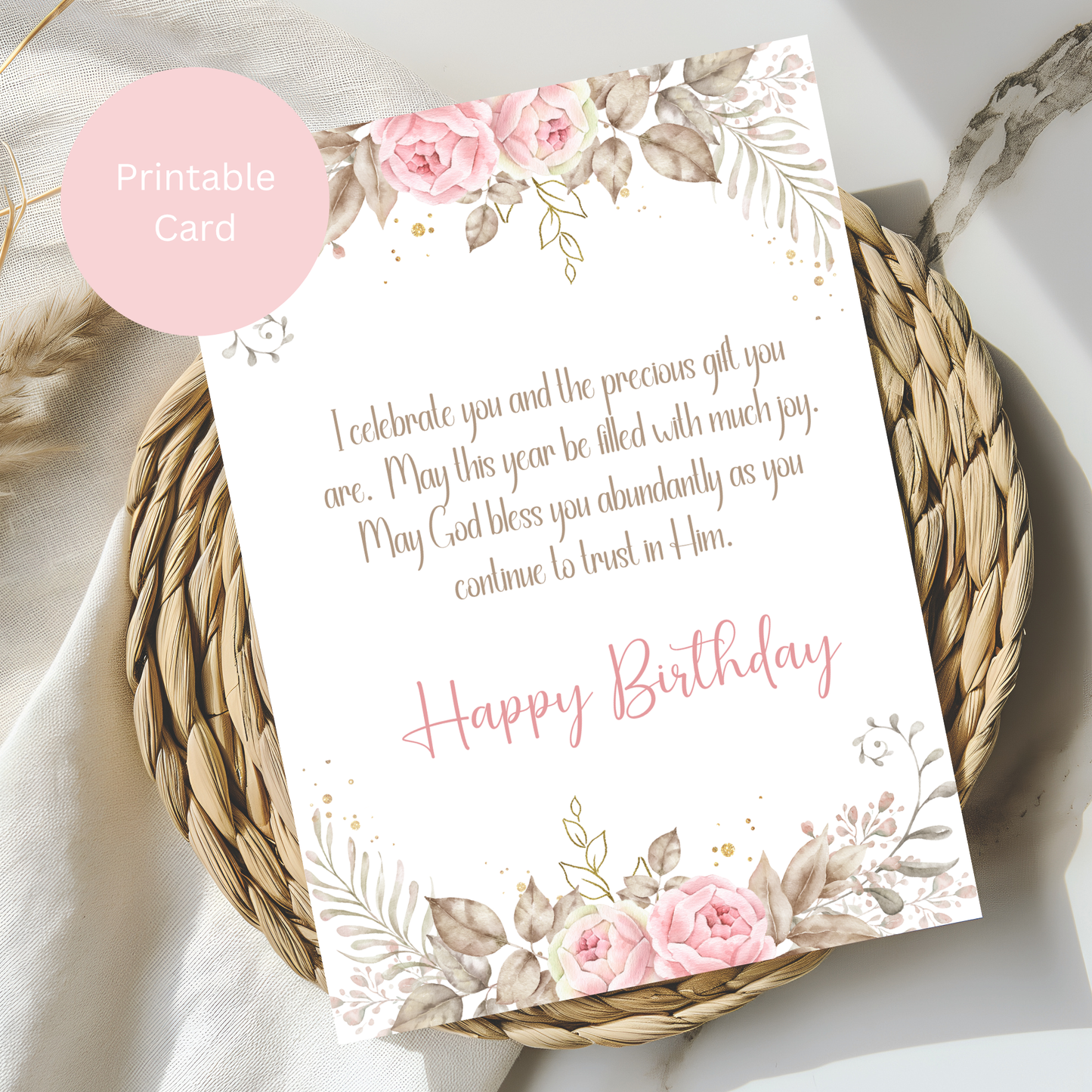 Floral Christian Birthday Card| Elegant Watercolor Florals | Printable & Digital