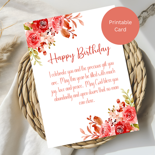 Printable Christian Birthday Card |Watercolor Red Floral Scripture Blessing | Digital Download