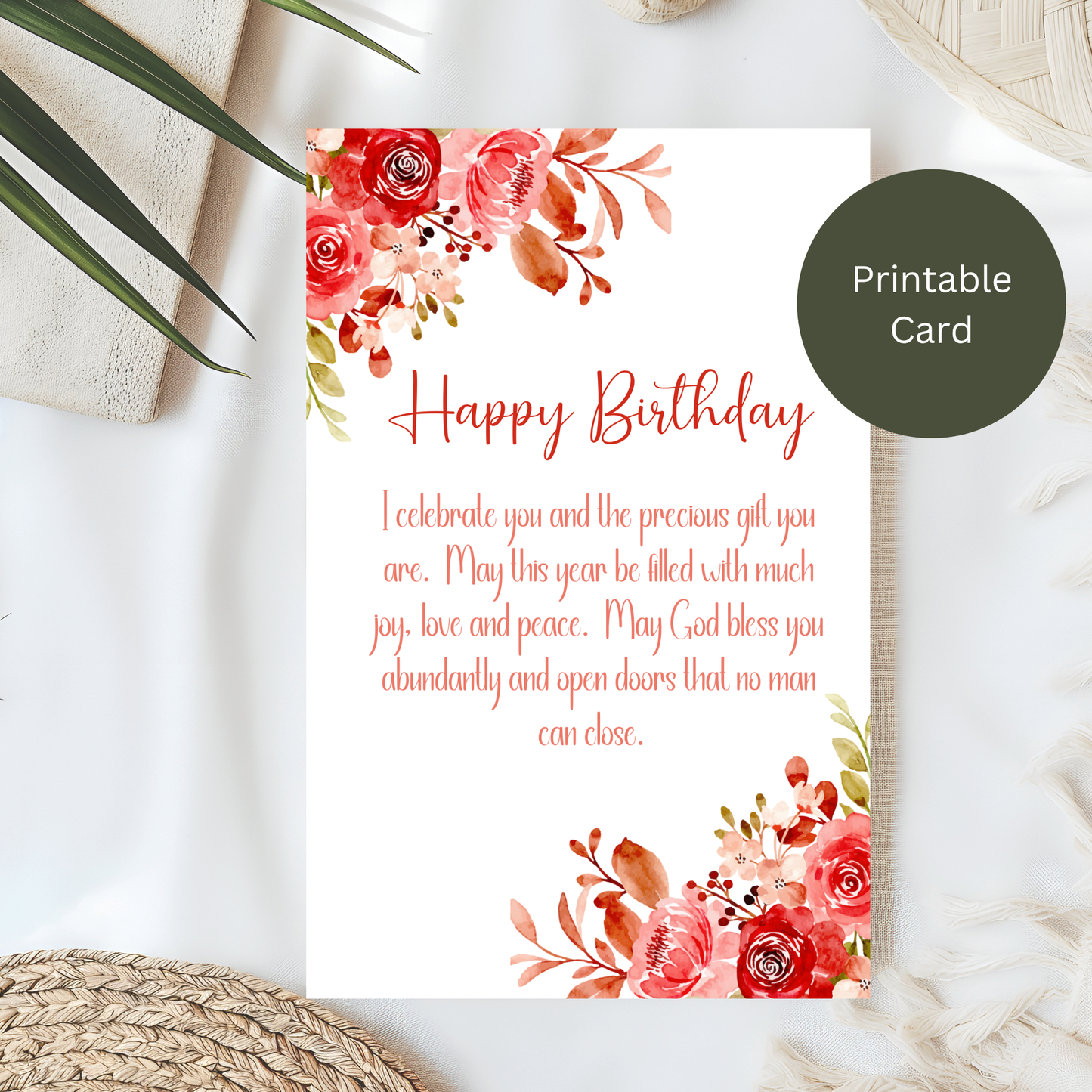 Printable Christian Birthday Card |Watercolor Red Floral Scripture Blessing | Digital Download