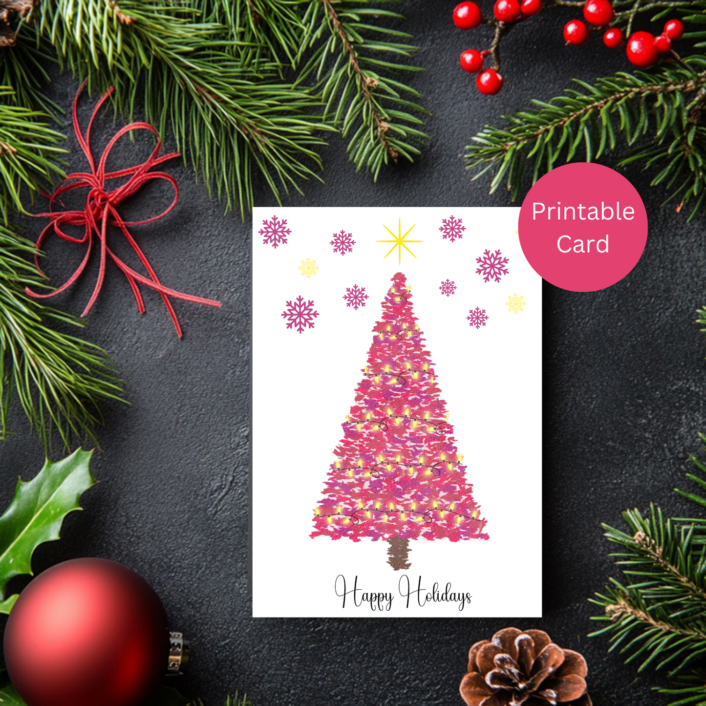 Radiant Watercolor Christmas Card-Printable Digital Download-Merry & Bright Collection