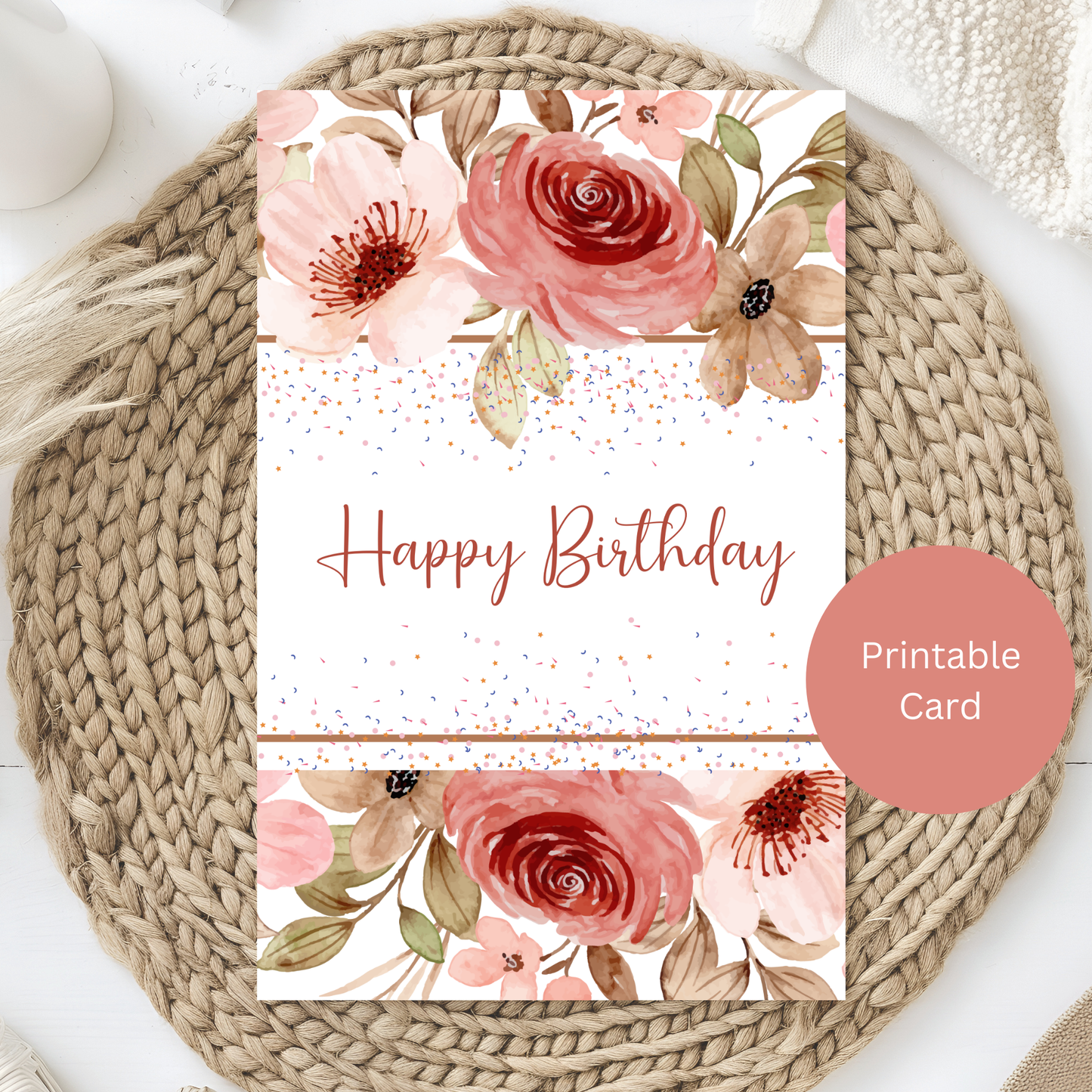 Elegant Watercolor Floral Birthday Greeting Card – Blush & Rustic Design