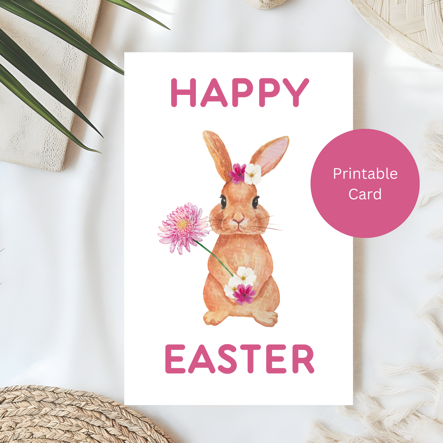 Cute Bunny Easter Card Printable in Pink – Spring Floral Art – Digital Greeting for Easter Gifts or Table Décor