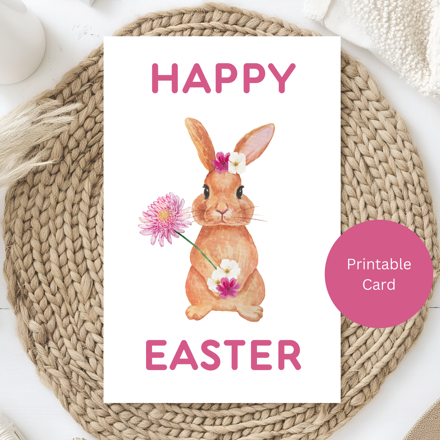 Cute Bunny Easter Card Printable in Pink – Spring Floral Art – Digital Greeting for Easter Gifts or Table Décor