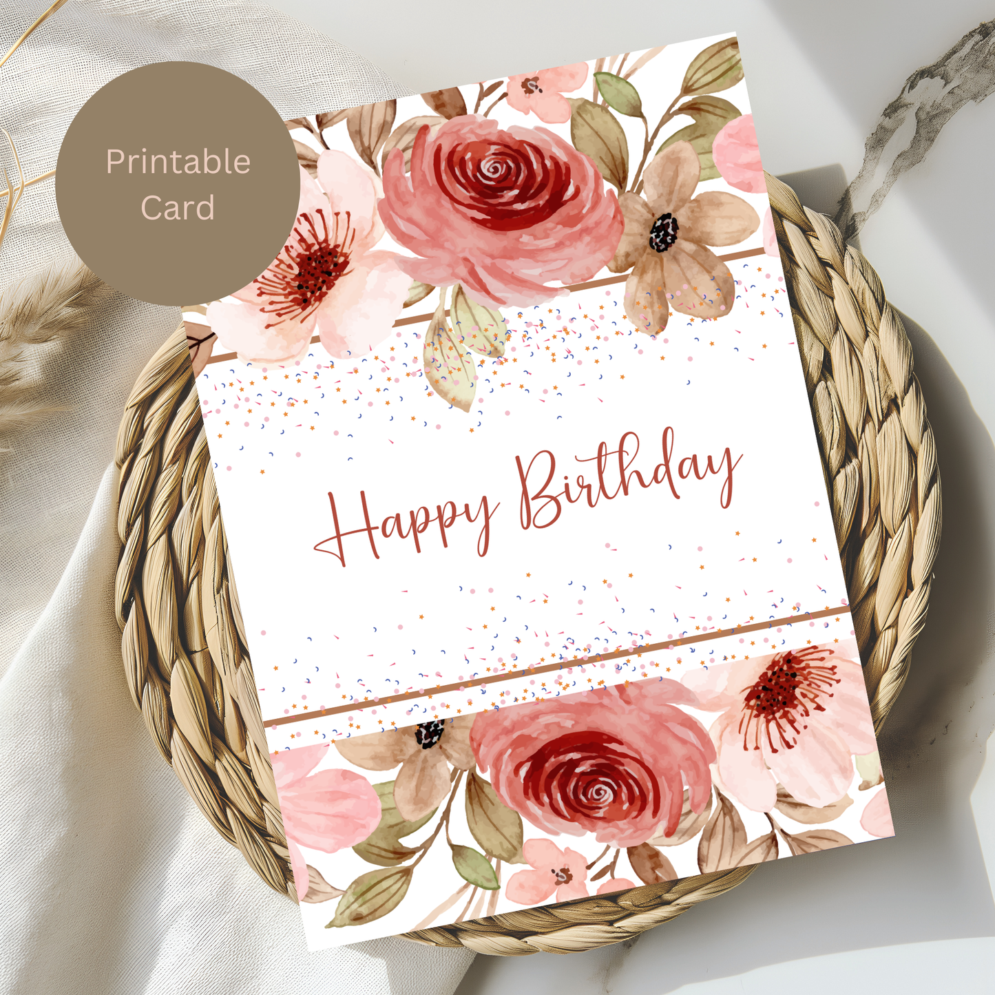 Elegant Watercolor Floral Birthday Greeting Card – Blush & Rustic Design