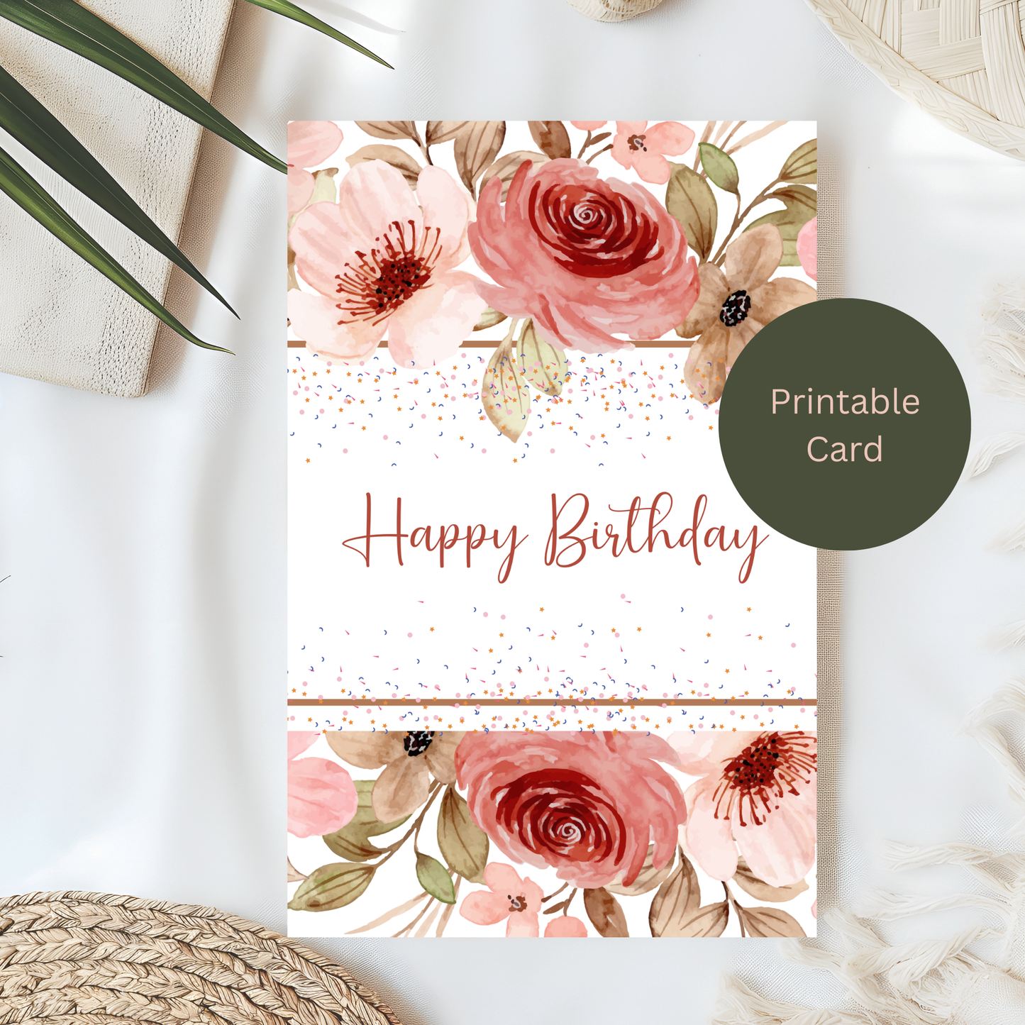 Elegant Watercolor Floral Birthday Greeting Card – Blush & Rustic Design