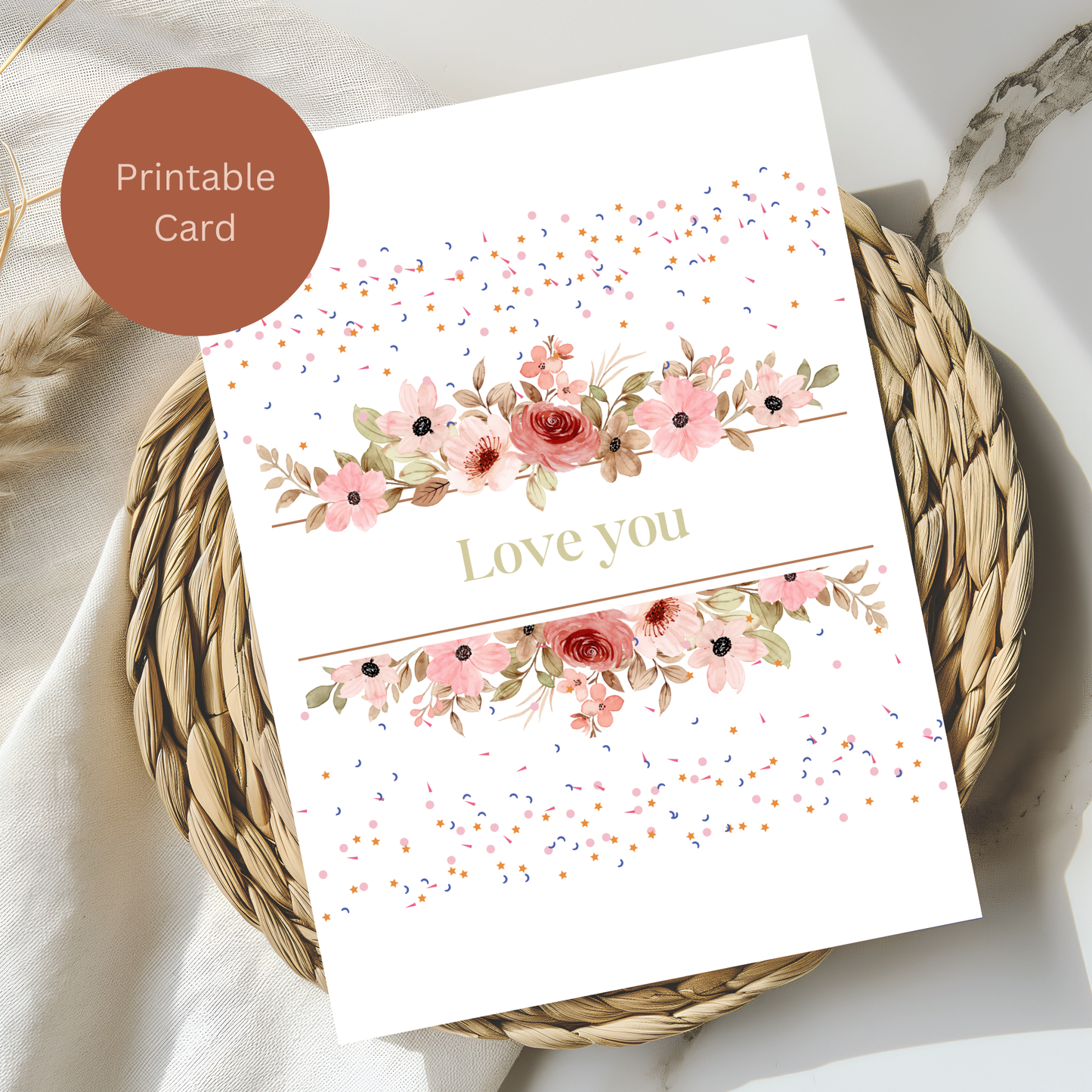 Watercolor Love You Card – Digital Download Birthday or Romantic Printable Greeting Card for Loved Ones