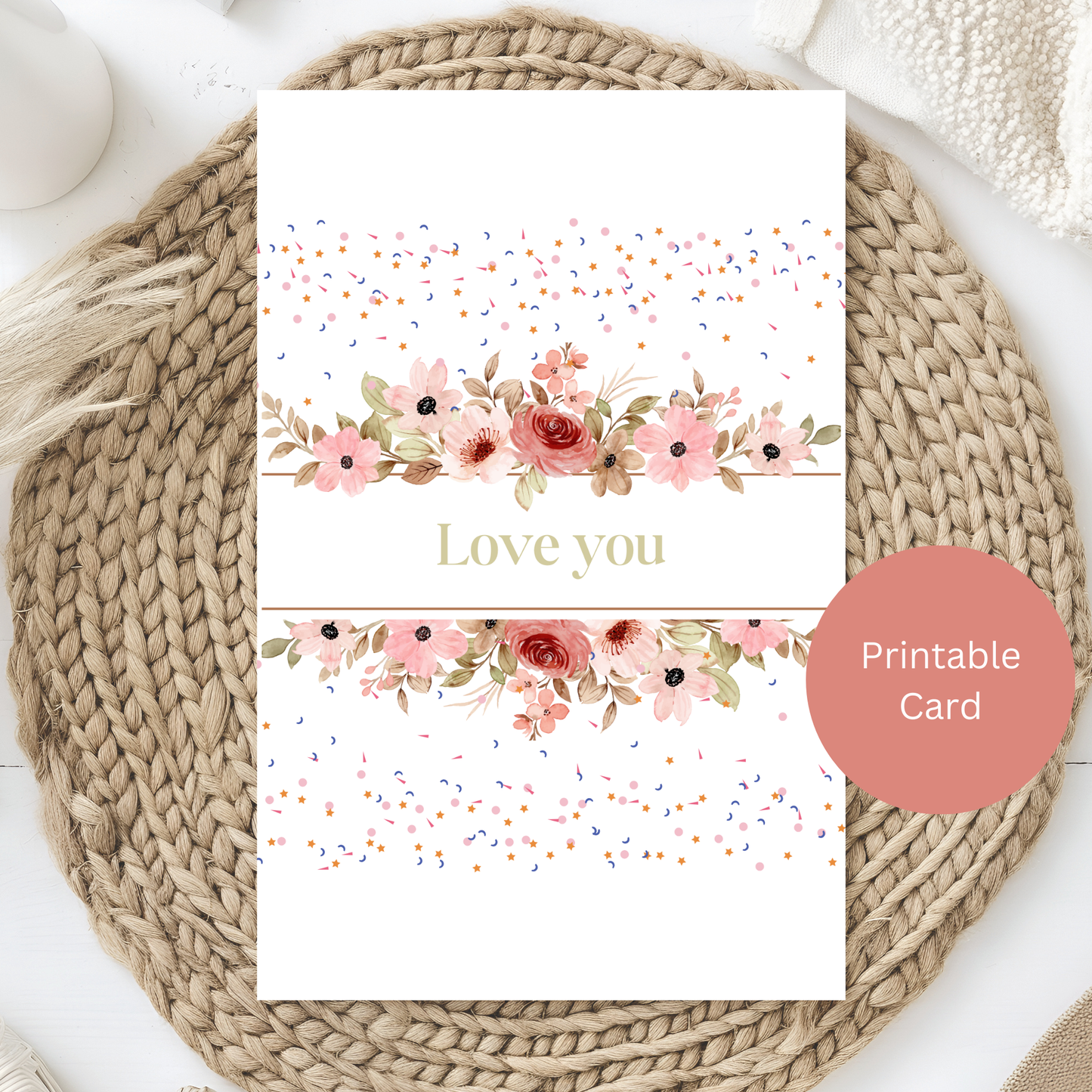 Watercolor Love You Card – Digital Download Birthday or Romantic Printable Greeting Card for Loved Ones