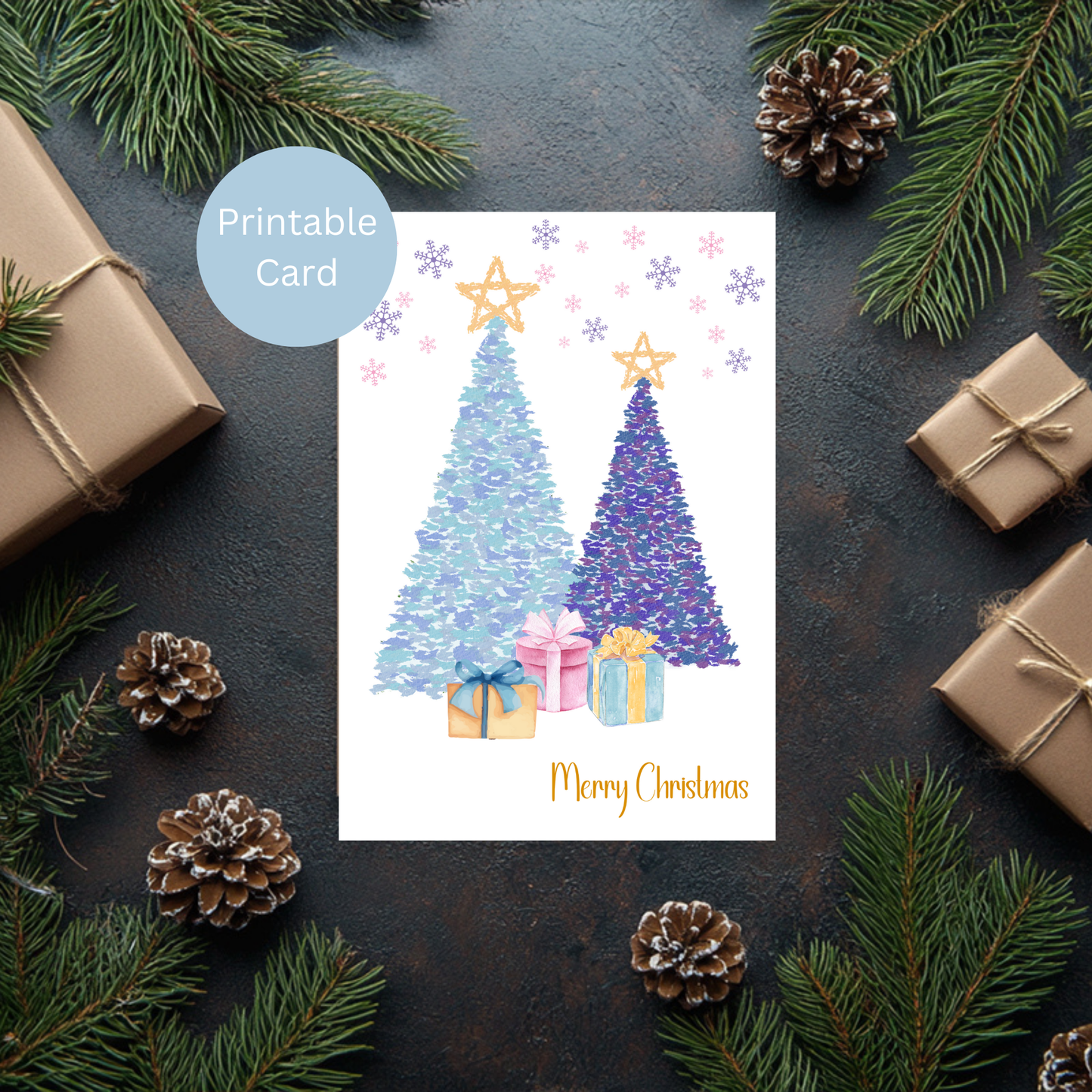 Playful Watercolor Christmas Card - Whimsical Trees with Warm Gift Design