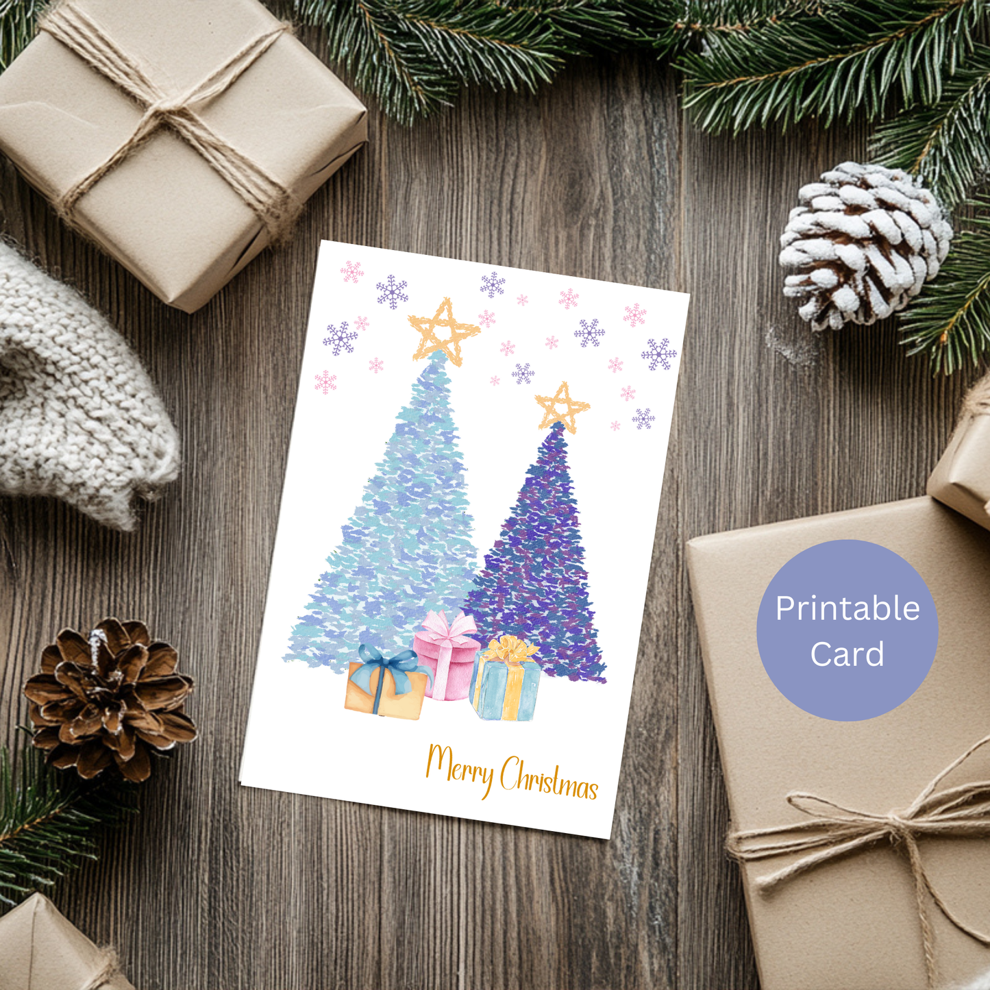 Playful Watercolor Christmas Card - Whimsical Trees with Warm Gift Design