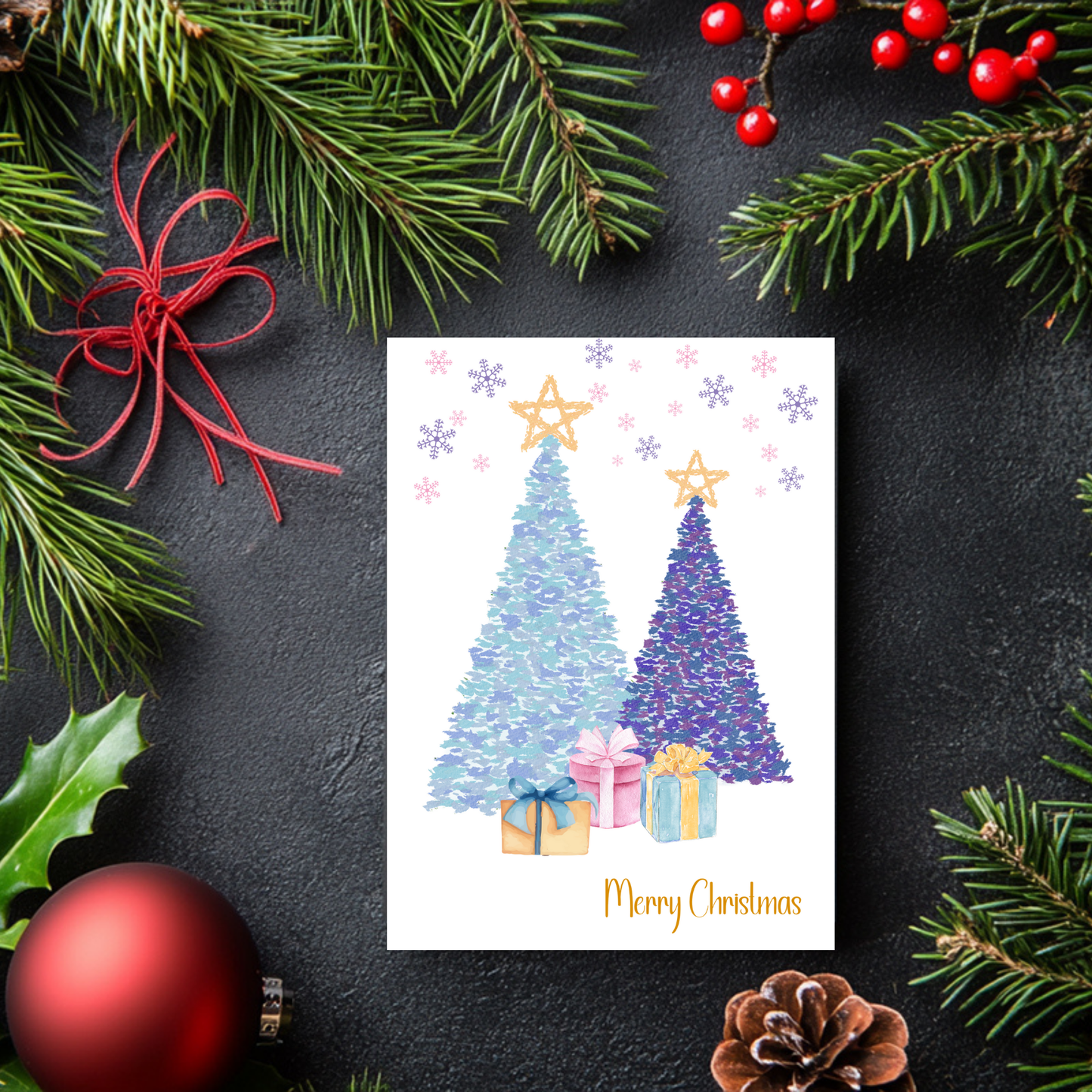 Playful Watercolor Christmas Card - Whimsical Trees with Warm Gift Design