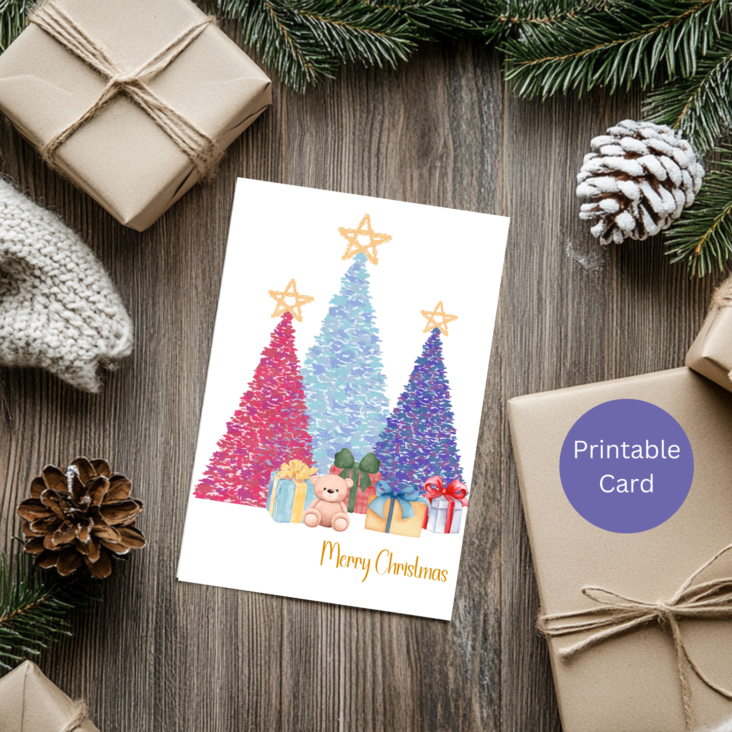 Festive Watercolor Christmas Card -Digital Printable Download