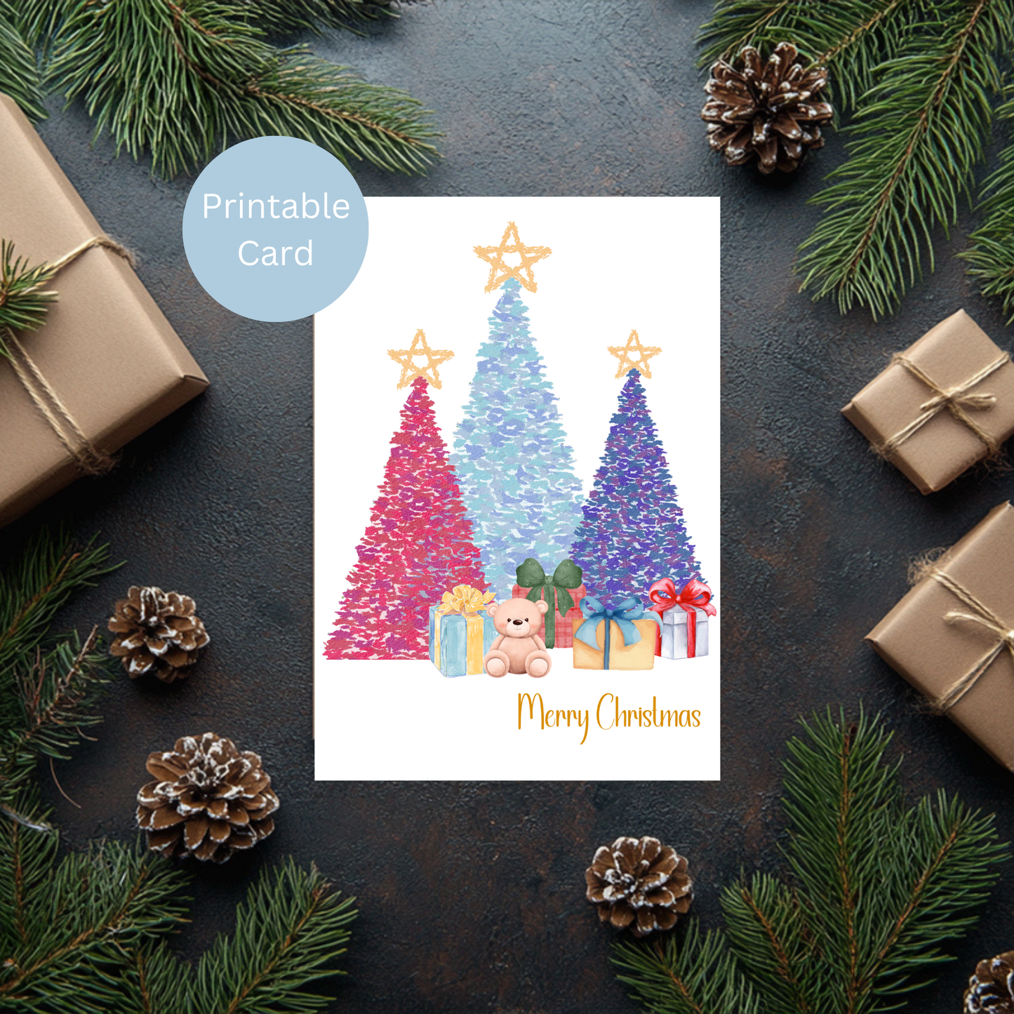 Festive Watercolor Christmas Card -Digital Printable Download