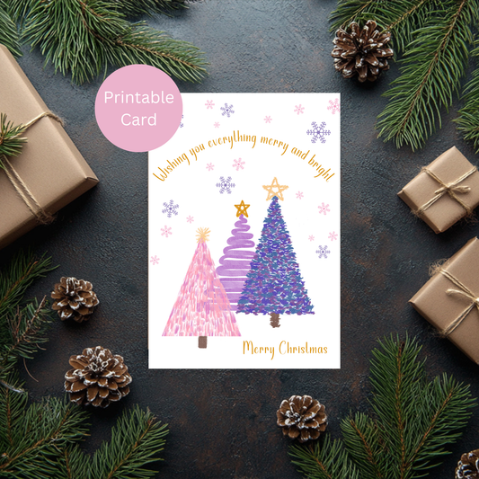 Merry & Bright Christmas Card - Whimsical Pink & Purple Holiday Trees